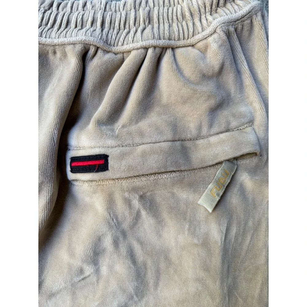 Vintage Baggy FUBU Tan Velour Track Pants Men Large Beige 90s Streetwear Joggers